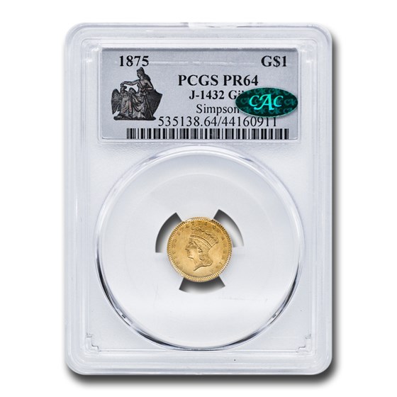 1875 $1 Indian Head Pattern PR-64 PCGS CAC (J-1432 Gilt) 1875 $1 Indian Head Pattern PR-64 PCGS CAC (J-1432 Gilt)