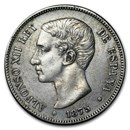 1875-1878 Spain Silver 5 Pesetas Alfonso XII Avg Circ (ASW .7234)