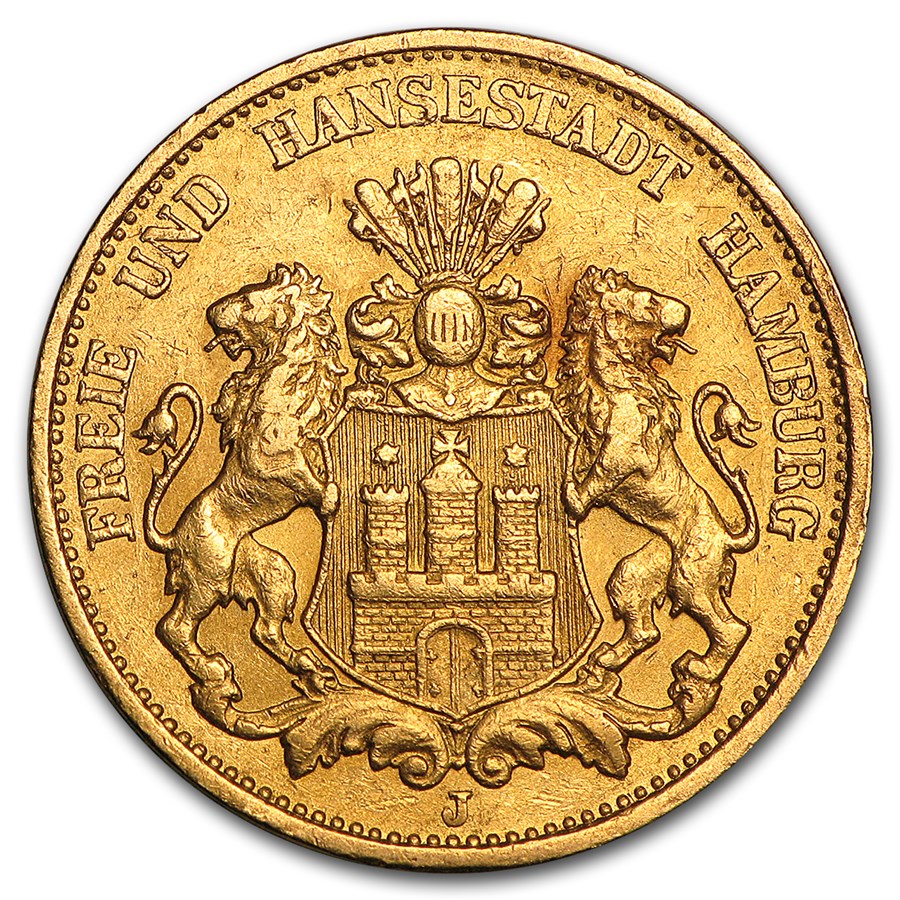1875-1913 Germany Gold 20 Marks Hamburg AU