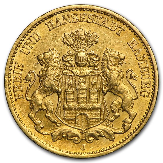1875-1913 Germany Gold 20 Marks Hamburg Avg Circ 1875-1913 Germany Gold 20 Marks Hamburg Avg Circ