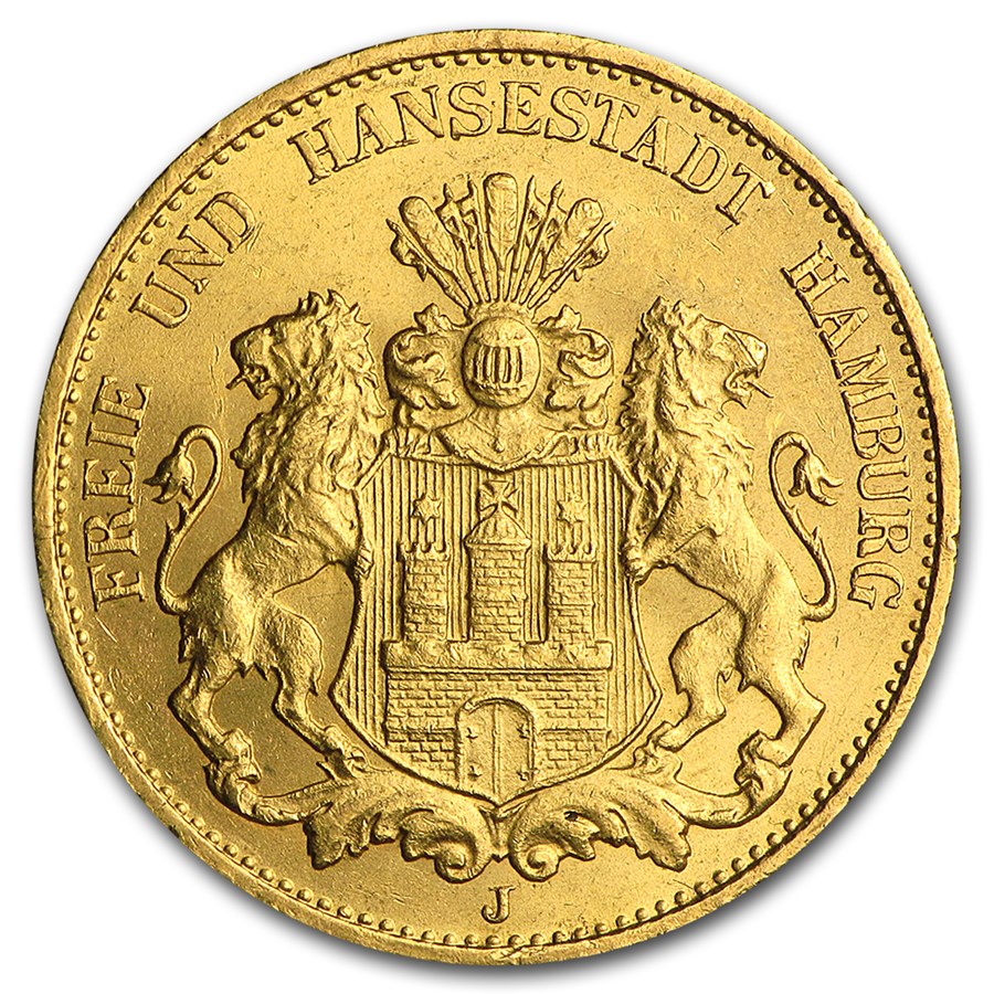 1875-1913 Germany Gold 20 Marks Hamburg BU