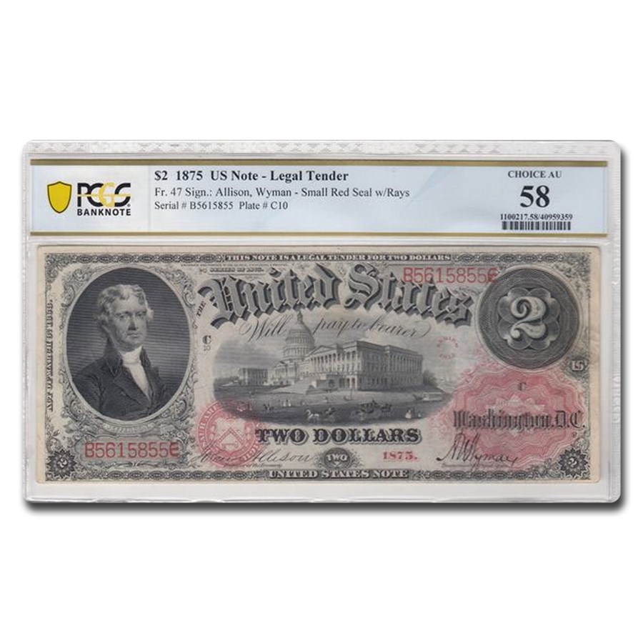 1875 $2.00 Legal Tender AU-58 PCGS (Fr#47) Details - "Pinholes"