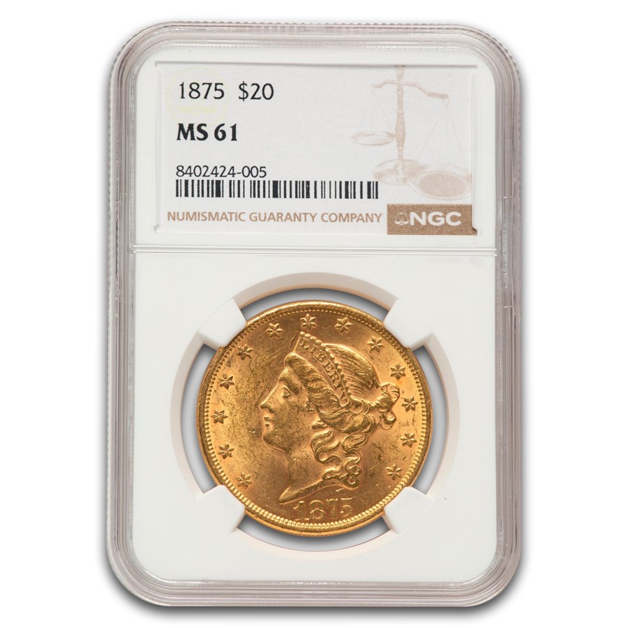 1875 $20 Liberty Gold Double Eagle MS-61 NGC