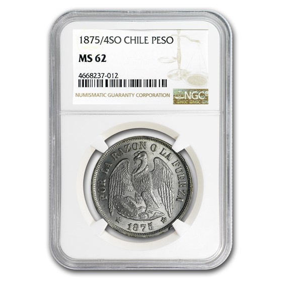 1875/4 SO Chile Silver 1 Peso MS-62 NGC 1875/4 SO Chile Silver 1 Peso MS-62 NGC