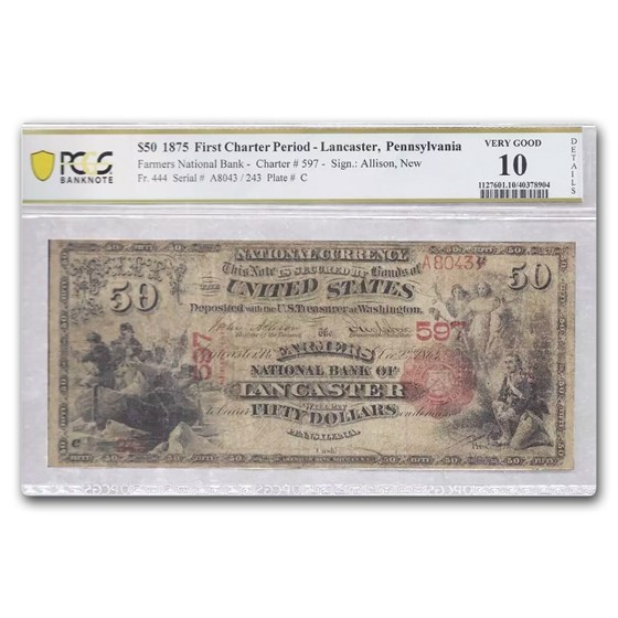1875 $5.00 Lancaster, PA VG-10 PCGS (Fr#444) CH#597 Details 1875 $5.00 Lancaster, PA VG-10 PCGS (Fr#444) CH#597 Details