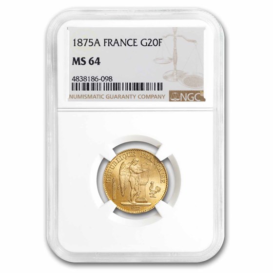 1875-A France Gold 20 Francs Angel MS-64 NGC 1875-A France Gold 20 Francs Angel MS-64 NGC