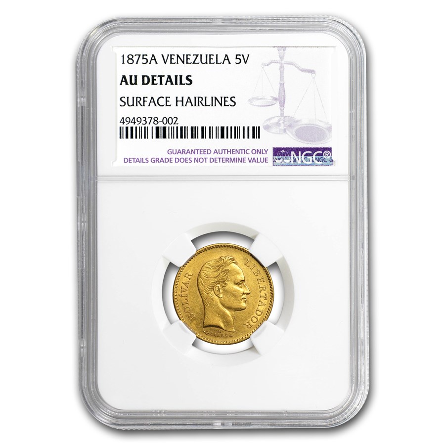 1875 A Venezuela Gold 5 Venezolanos Simon Bolivar AU Details NGC
