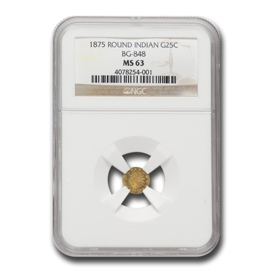 1875 Indian Round 25 Cent Gold MS-63 NGC (BG-848) 1875 Indian Round 25 Cent Gold MS-63 NGC (BG-848)