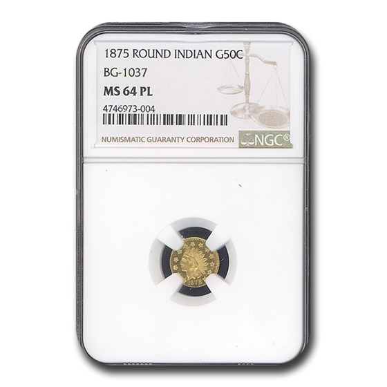 1875 Indian Round 50 Cent Gold MS-64 NGC (PL, BG-1037) 1875 Indian Round 50 Cent Gold MS-64 NGC (PL, BG-1037)