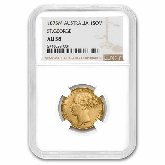 1875-M Australia Gold Sovereign Young Victoria AU-58 NGC 1875-M Australia Gold Sovereign Young Victoria AU-58 NGC