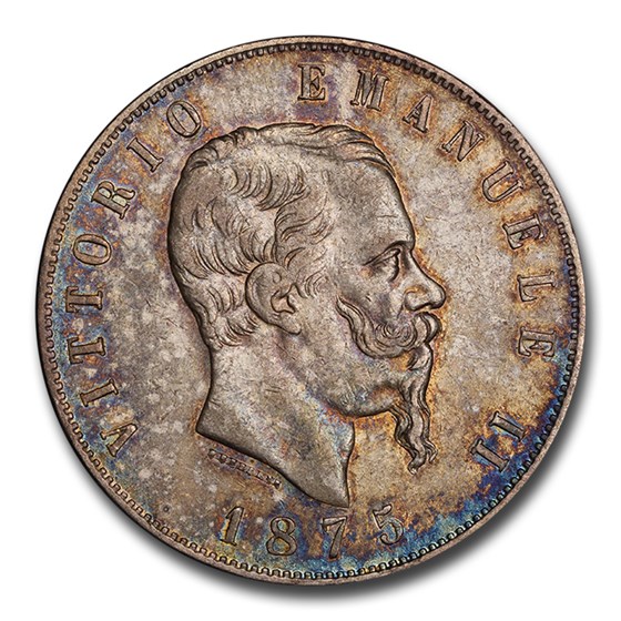 1875-R Italy Silver 5 Lire Emanuele II AU-53 PCGS
