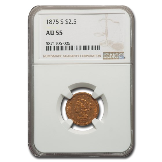 1875-S $2.50 Liberty Gold Quarter Eagle AU-55 NGC 1875-S $2.50 Liberty Gold Quarter Eagle AU-55 NGC