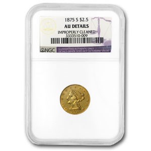1875-S $2.50 Liberty Gold Quarter Eagle AU-58 Dtls NGC (Cleaned) 1875-S $2.50 Liberty Gold Quarter Eagle AU-58 Dtls NGC (Cleaned)