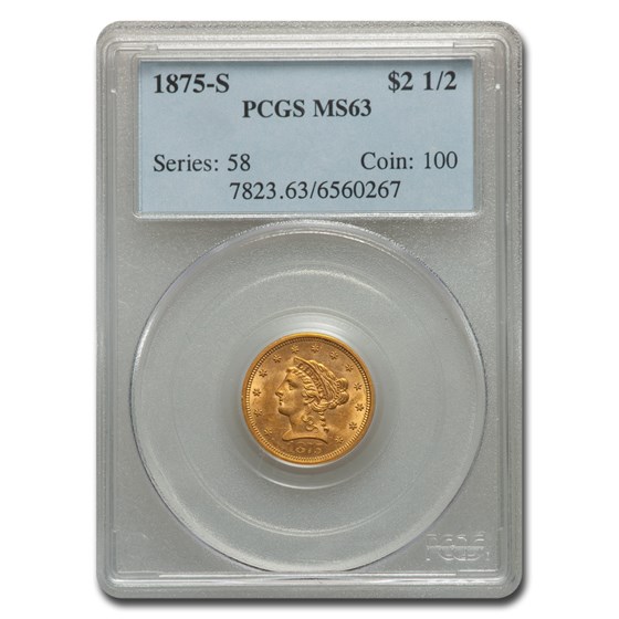1875-S $2.50 Liberty Gold Quarter Eagle MS-63 PCGS 1875-S $2.50 Liberty Gold Quarter Eagle MS-63 PCGS