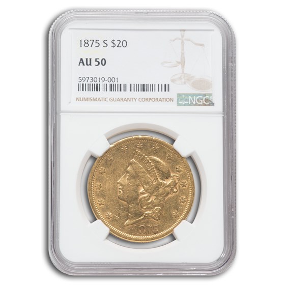 1875-S $20 Liberty Gold Double Eagle AU-50 NGC 1875-S $20 Liberty Gold Double Eagle AU-50 NGC