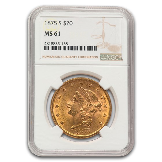 1875-S $20 Liberty Gold Double Eagle MS-61 NGC