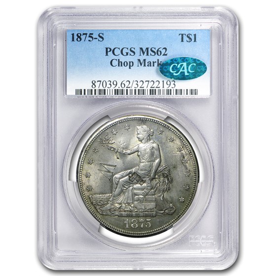 1875-S Trade Dollar MS-62 Chopmarks PCGS (CAC) 1875-S Trade Dollar MS-62 Chopmarks PCGS (CAC)