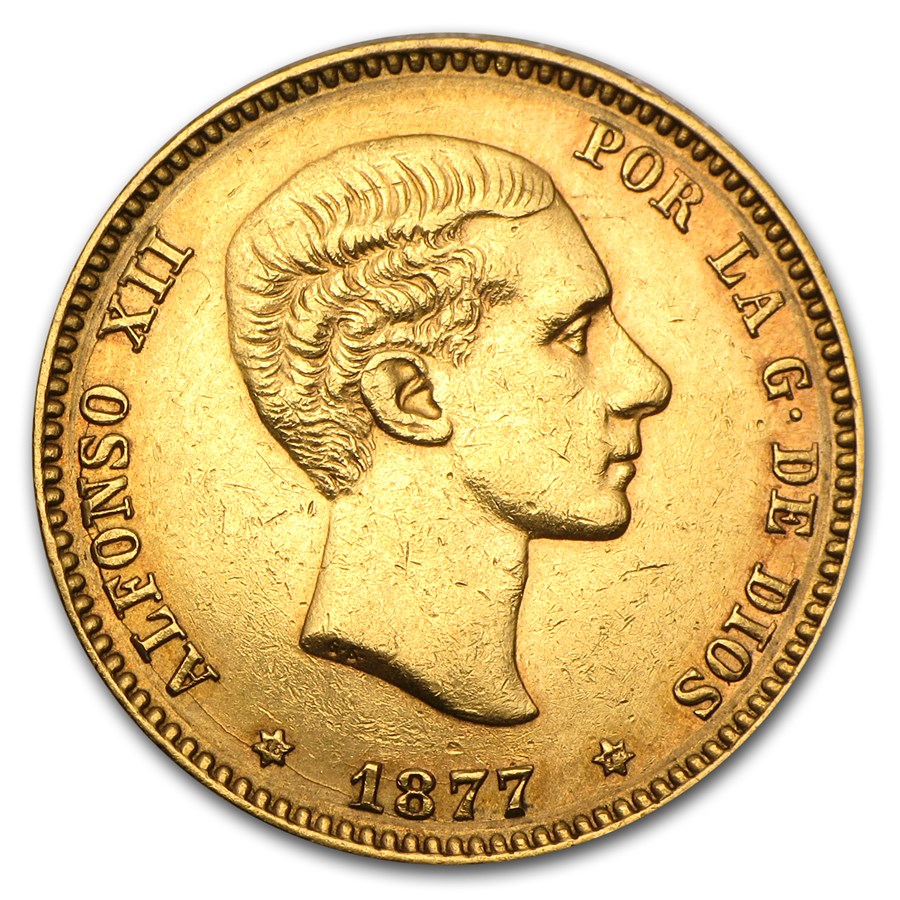 1876-1880 Spain Gold 25 Pesetas Alfonso XII Avg Circ