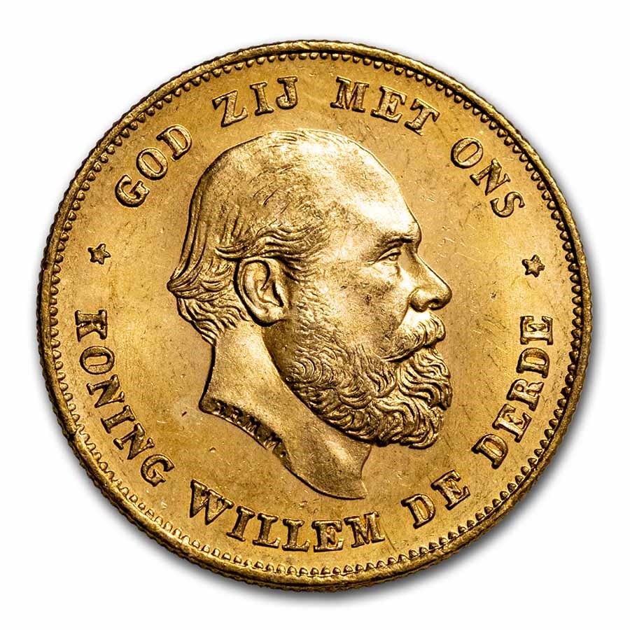 1876-1889 Netherlands Gold 10 Guilders William III BU (Random)