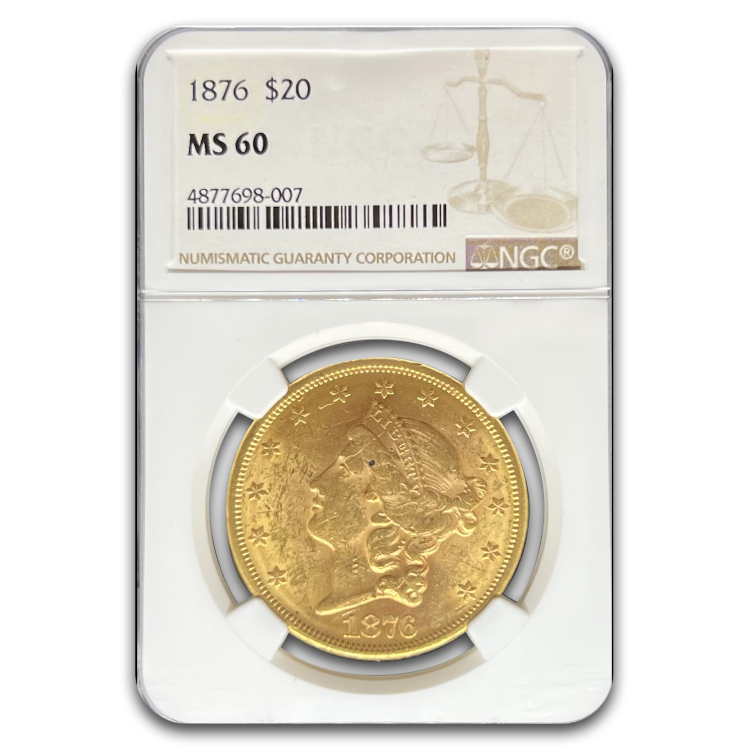 1876 $20 Liberty Gold Double Eagle MS-60 NGC US Mint