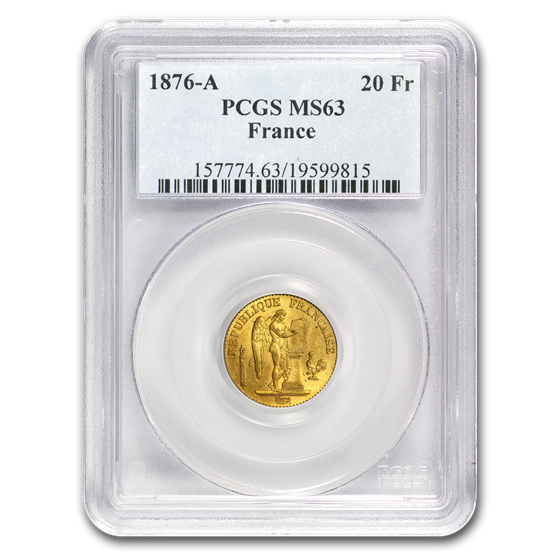 1876-A France Gold 20 Francs Angel MS-63 PCGS 1876-A France Gold 20 Francs Angel MS-63 PCGS