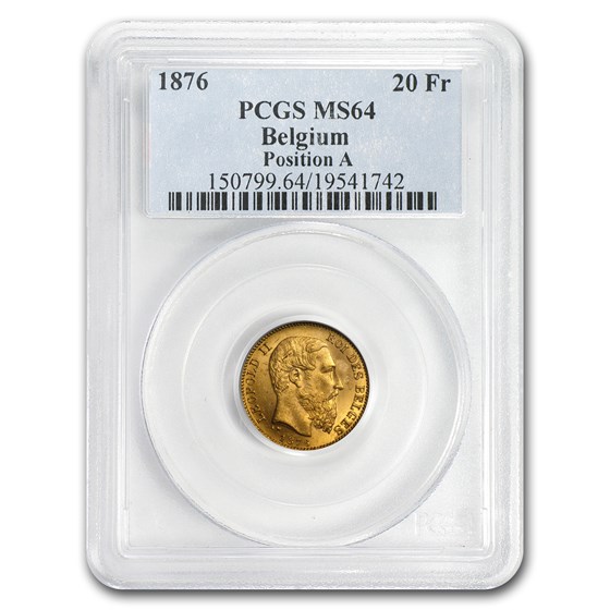1876 Belgium Gold 20 Francs Leopold II MS-64 PCGS