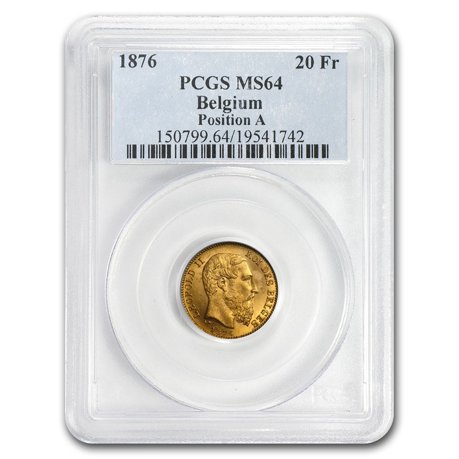 1876 Belgium Gold 20 Francs Leopold II MS-64 PCGS