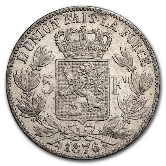 1876 Belgium Silver 5 Francs Leopold II XF 1876 Belgium Silver 5 Francs Leopold II XF