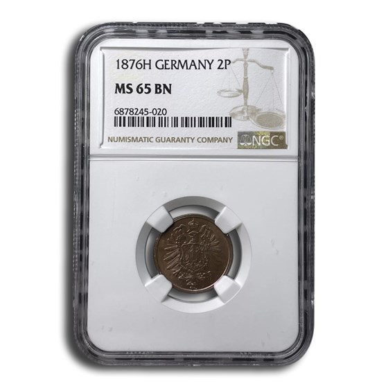 1876-H Germany 2 Pfennig MS-65 NGC (Brown) 1876-H Germany 2 Pfennig MS-65 NGC (Brown)