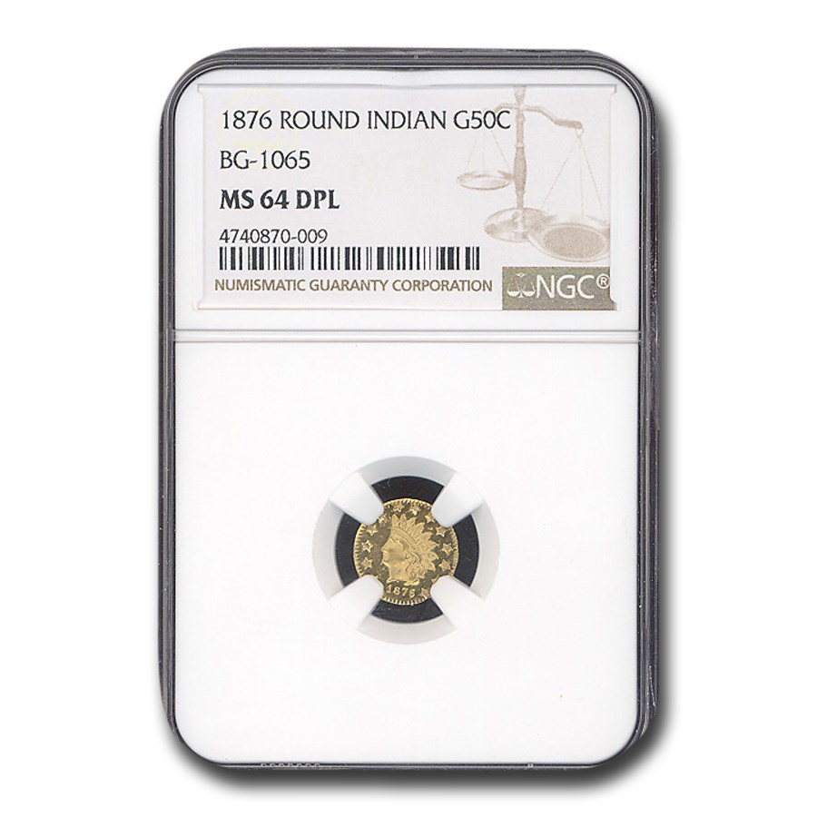 1876 Indian Round 50 Cent Gold MS-64 NGC (DPL, BG-1065)