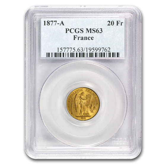 1877-A France Gold 20 Francs Angel MS-63 PCGS 1877-A France Gold 20 Francs Angel MS-63 PCGS