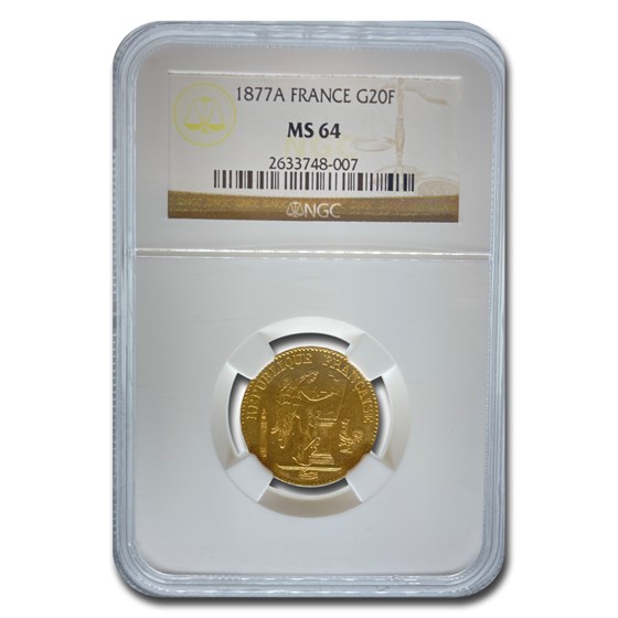 1877-A France Gold 20 Francs Angel MS-64 NGC 1877-A France Gold 20 Francs Angel MS-64 NGC