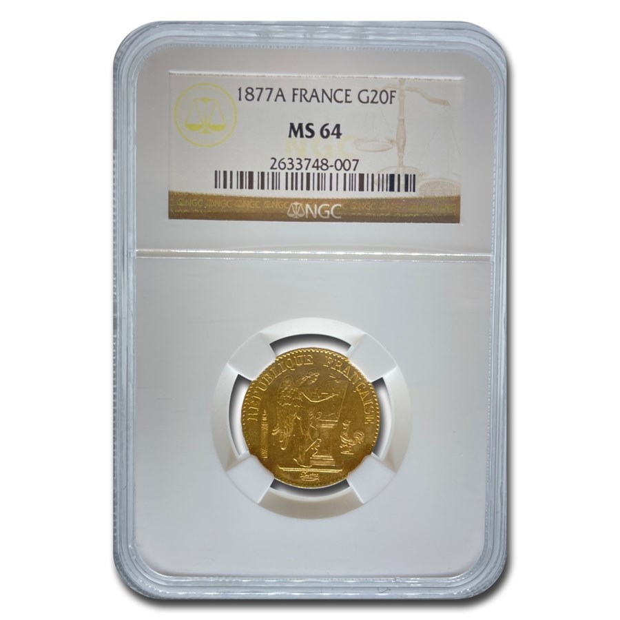 1877-A France Gold 20 Francs Angel MS-64 NGC