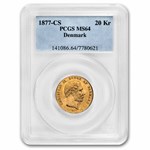 1877 Denmark Gold 20 Kroner MS-64 PCGS