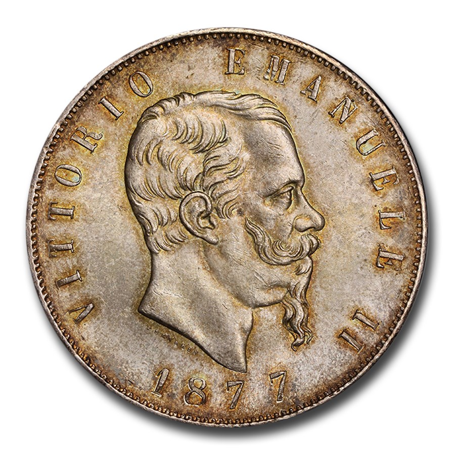 1877-R Italy Silver 5 Lire Emanuele II MS-64 PCGS