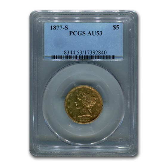 1877-S $5 Liberty Gold Half Eagle AU-53 PCGS 1877-S $5 Liberty Gold Half Eagle AU-53 PCGS