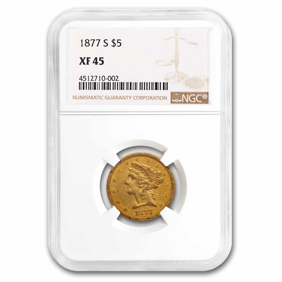 1877-S $5 Liberty Gold Half Eagle XF-45 NGC 1877-S $5 Liberty Gold Half Eagle XF-45 NGC