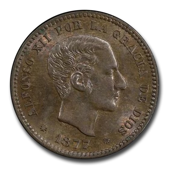 1877 Spain 5 Centimos Alfonso XII MS-64 PCGS (Brown) 1877 Spain 5 Centimos Alfonso XII MS-64 PCGS (Brown)