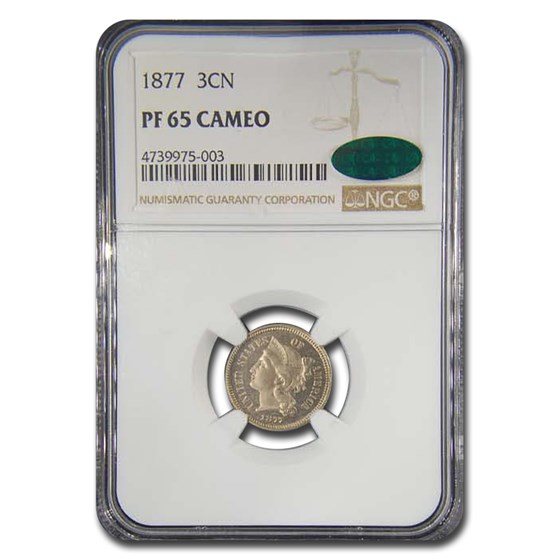 1877 Three Cent Nickel PF-65 Cameo NGC CAC 1877 Three Cent Nickel PF-65 Cameo NGC CAC