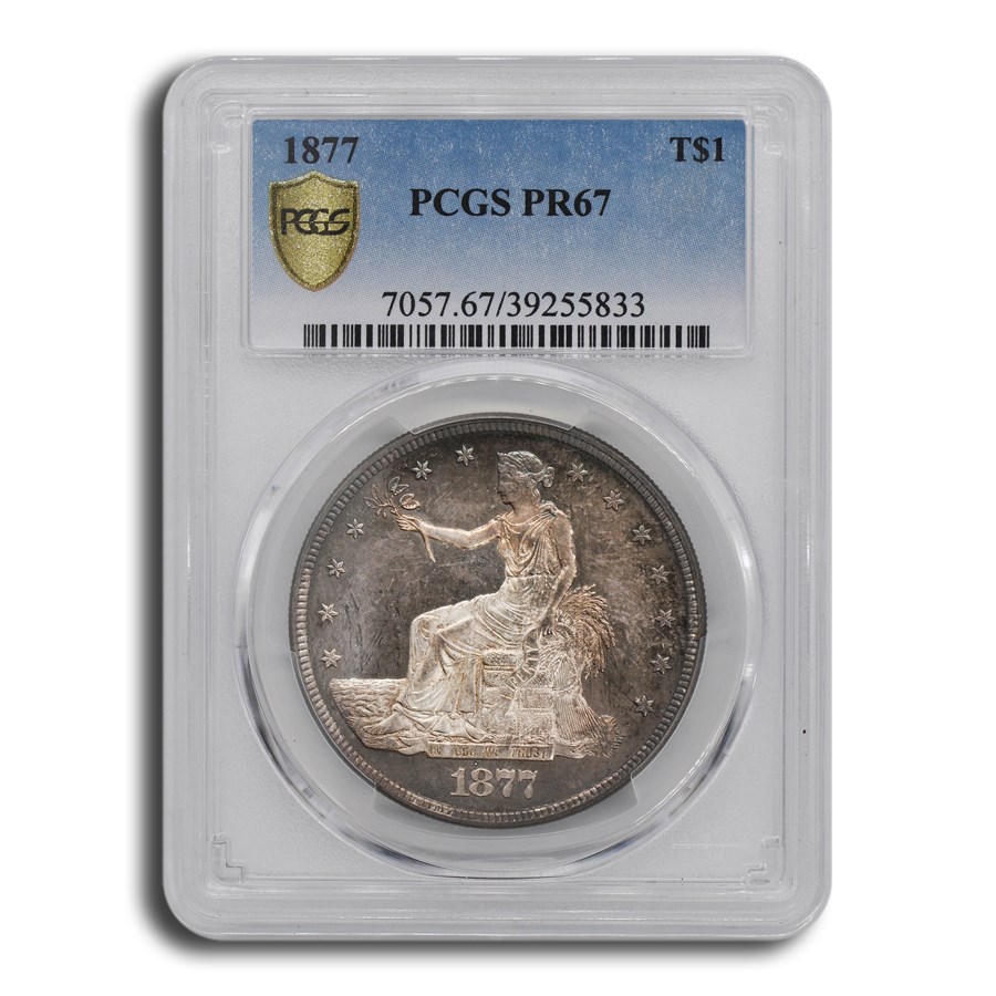 Complete 1877 Trade dollar certified PCGS Proof 67 in its holder