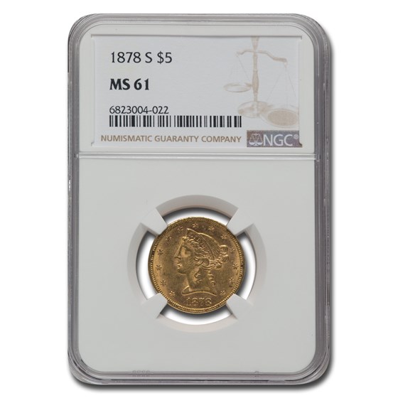 1878-S $5 Liberty Gold Half Eagle MS-61 NGC 1878-S $5 Liberty Gold Half Eagle MS-61 NGC