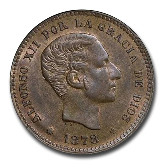 1878 Spain 5 Centimos Alfonso XII MS-65 PCGS (Brown) 1878 Spain 5 Centimos Alfonso XII MS-65 PCGS (Brown)