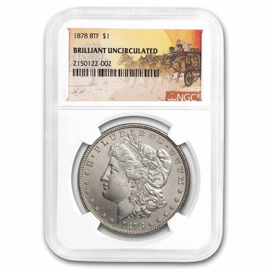 1878 Stage Coach Silver Dollar 8 Tailfeather BU NGC
