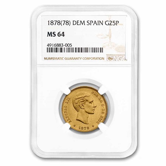 1878(78) Spain Gold 25 Pesetas Alfonso XII MS-64 NGC 1878(78) Spain Gold 25 Pesetas Alfonso XII MS-64 NGC