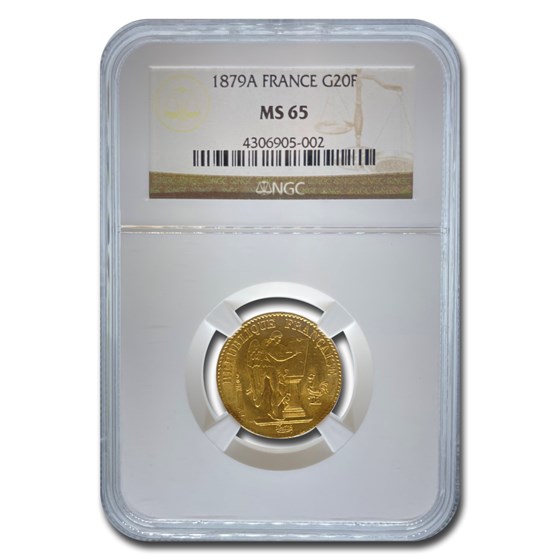 1879-A France Gold 20 Francs Angel MS-65 NGC 1879-A France Gold 20 Francs Angel MS-65 NGC