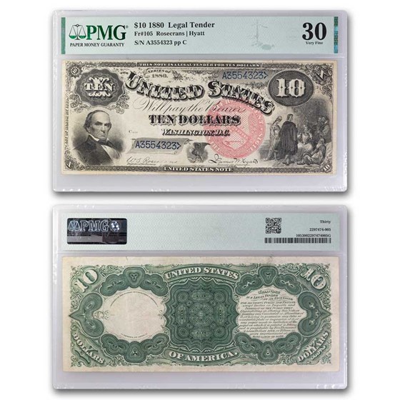 1880 $10.00 Legal Tender Daniel Webster VF-30 PMG (Fr#105) 1880 $10.00 Legal Tender Daniel Webster VF-30 PMG (Fr#105)