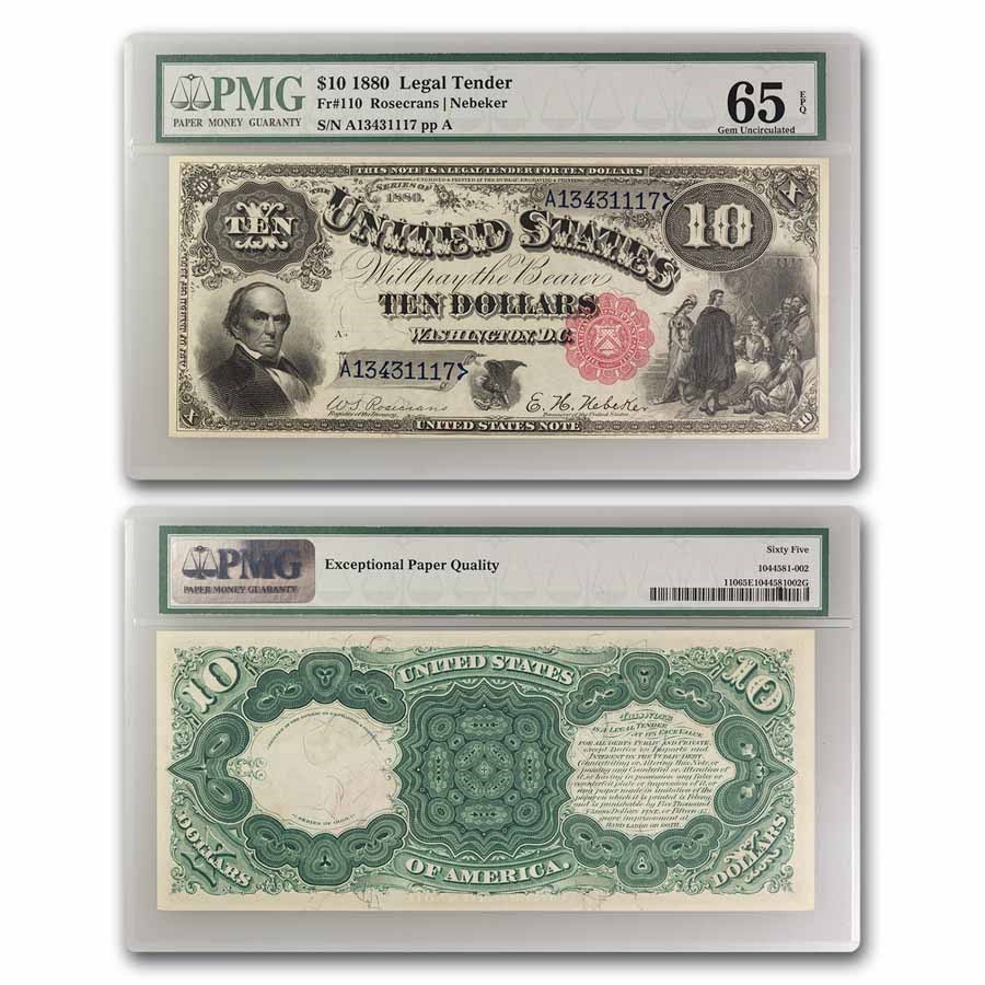 1880 $10 Legal Tender Daniel Webster CU-65 EPQ PMG (Fr#110)