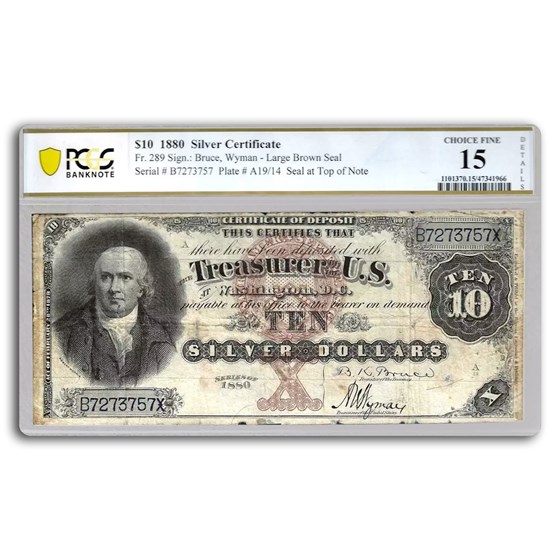 1880 $10 Silver Cert. Robert Morris F-15 PMG (Fr#289) Details 1880 $10 Silver Cert. Robert Morris F-15 PMG (Fr#289) Details