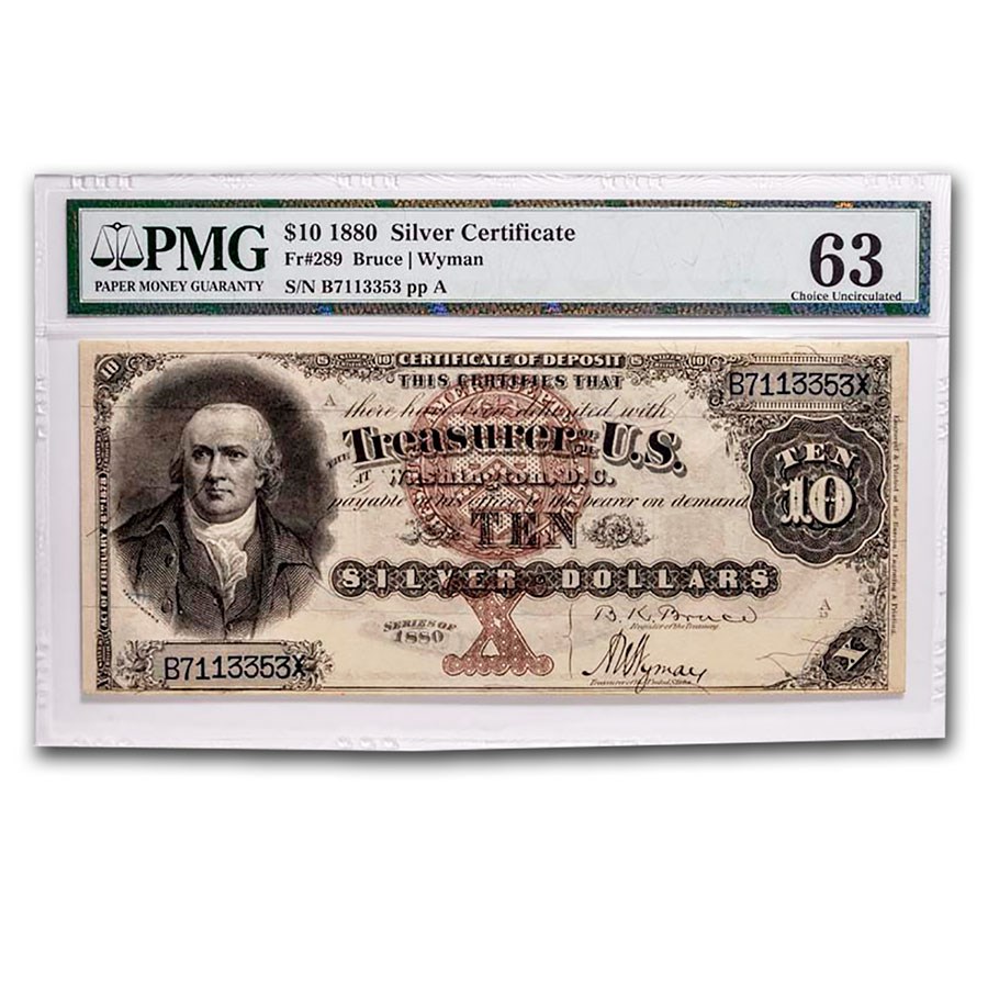 1880 $10 Silver Certificate Robert Morris CU-63 PMG (Fr#289)
