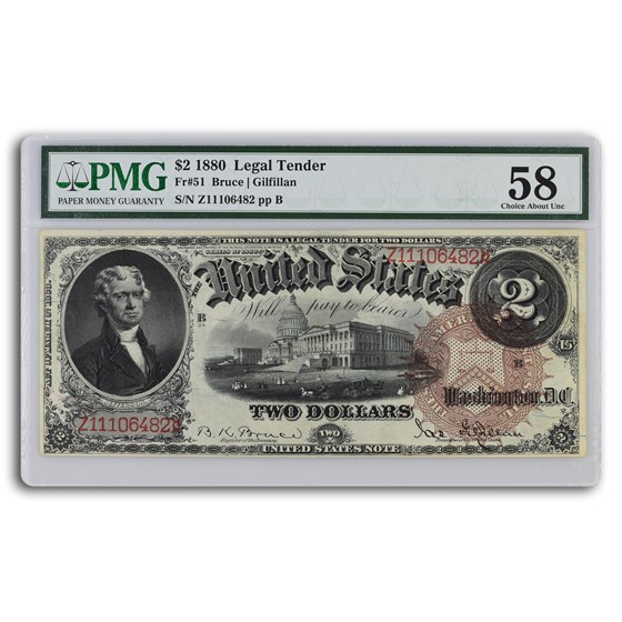 1880 $2.00 Legal Tender Jefferson AU-58 PMG (Fr#51) 1880 $2.00 Legal Tender Jefferson AU-58 PMG (Fr#51)